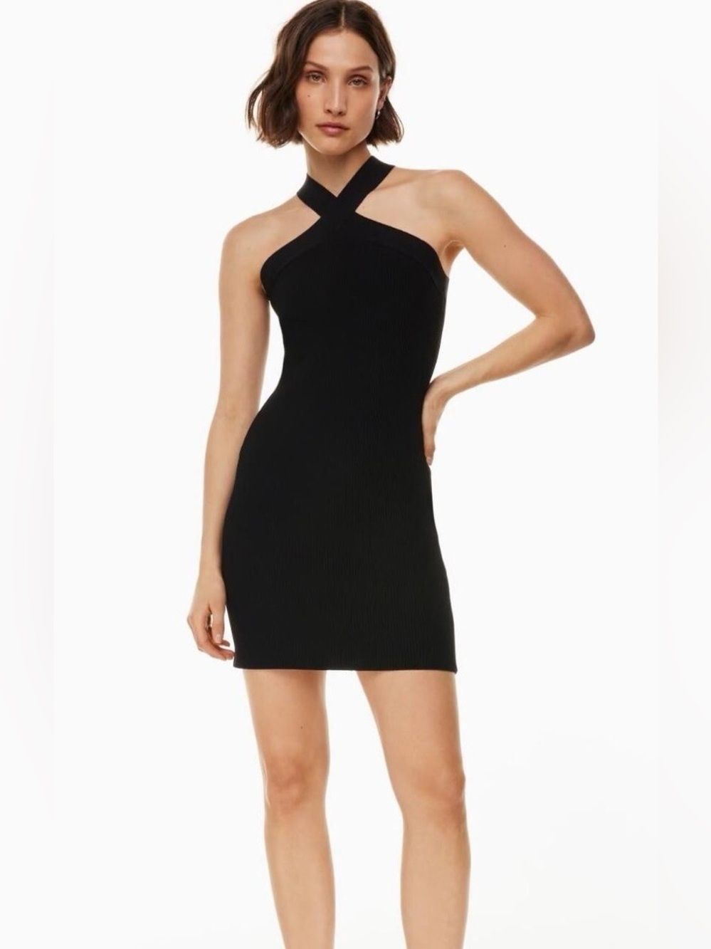 Aritzia Babaton Sculpt Knit Criss Cross Halter Mini Dress Black 2XS EUC